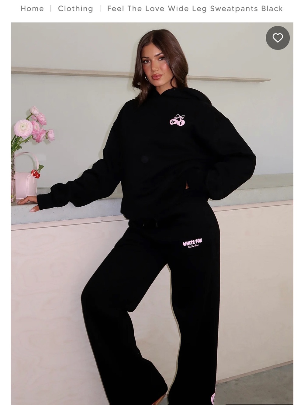 White Fox Boutique Black Wide Leg Sweatpants Set with Pink Logo